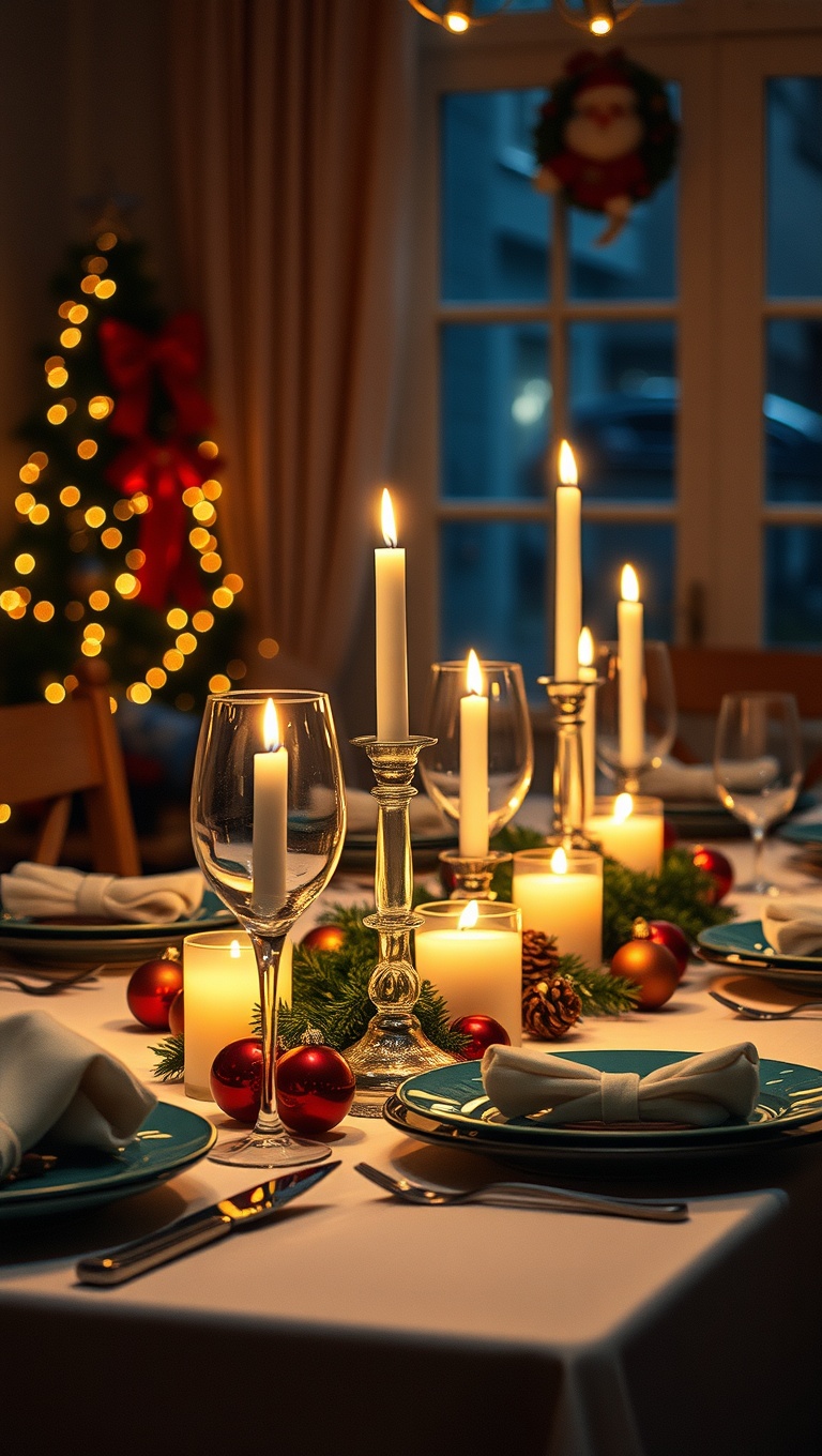 25 Cozy Candlelit Dinner Table Settings to Spark Romance - Festive Cheer: Holiday Ornaments and Candles