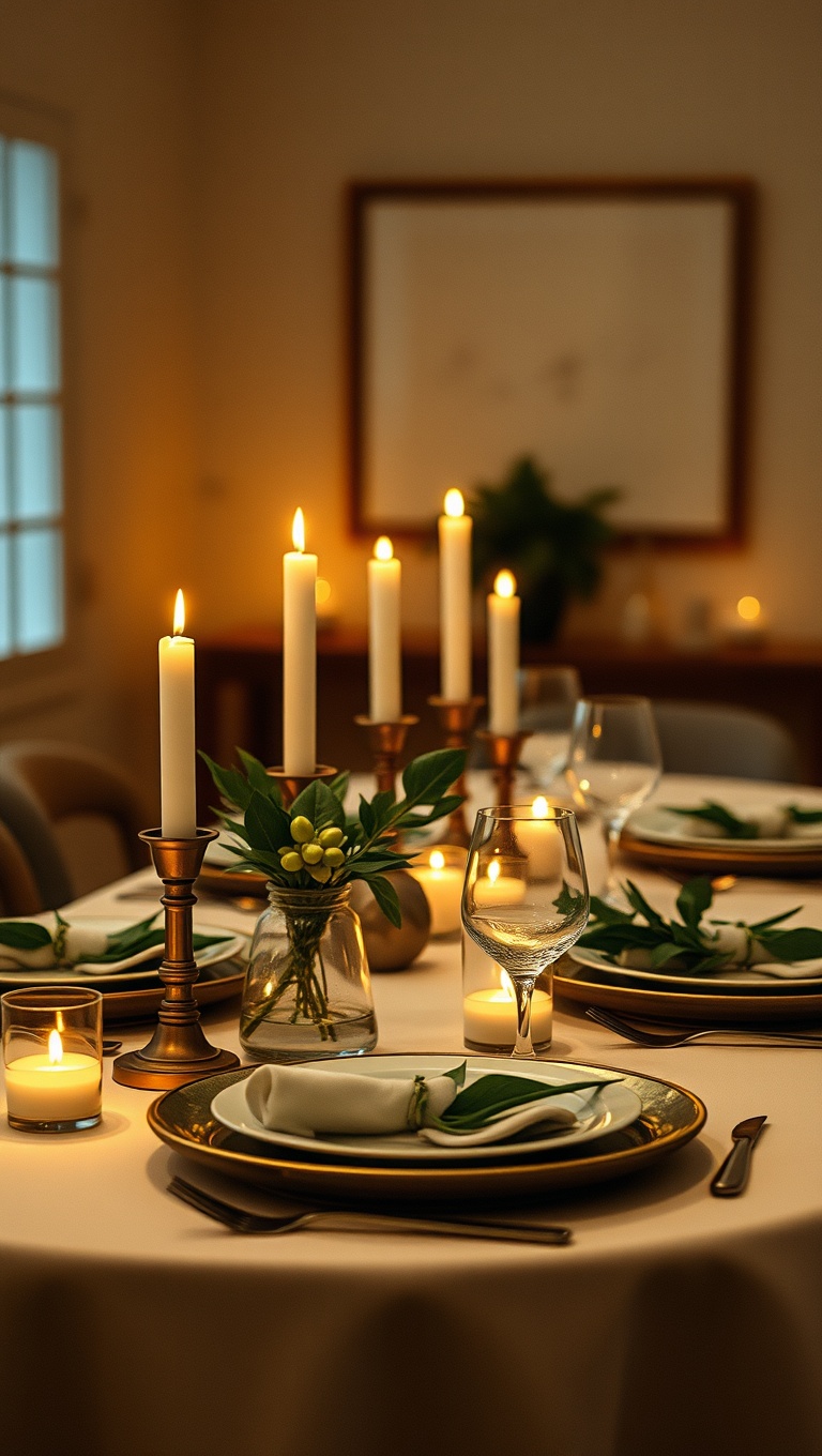 25 Cozy Candlelit Dinner Table Settings to Spark Romance - Minimalist Magic: Simple Greens and Soft Glow