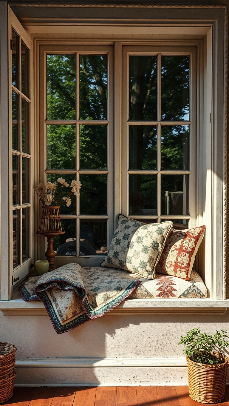 25 Cozy Window Seat Reading Nook Ideas to Spark Your Imagination - 5. Vintage Charm with Quilts