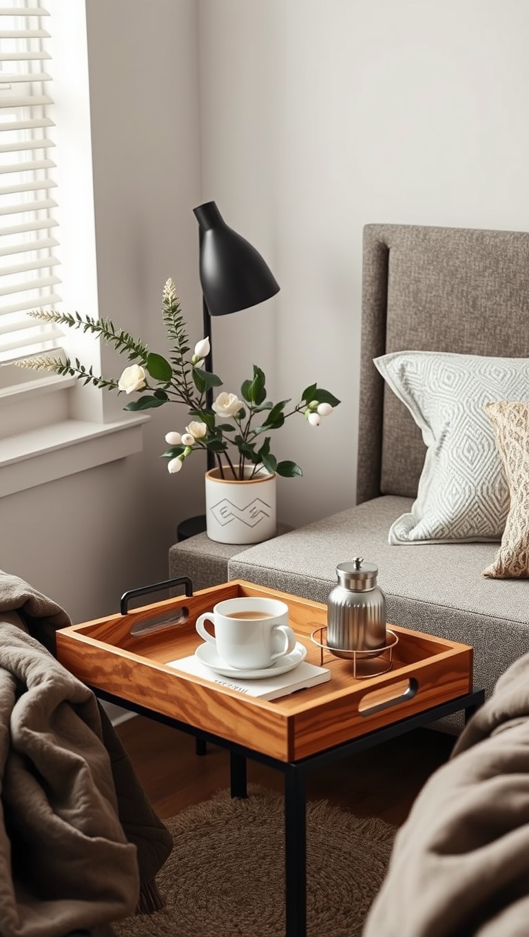 25 Cozy Bedroom Coffee Nook Ideas to Sip and Savor - 9. Chic Tray Table: Stylishly Portable Coffee Spot