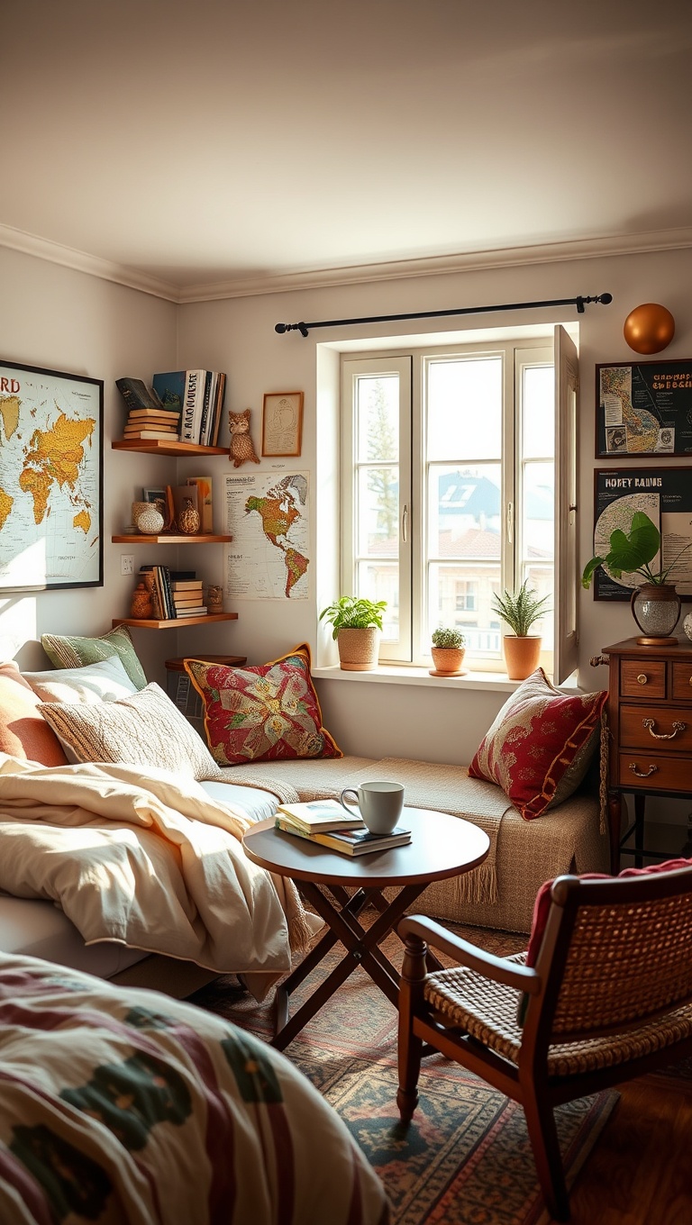25 Cozy Bedroom Coffee Nook Ideas to Sip and Savor - 20. Travel-Inspired Decor: Bring the World to Your Nook