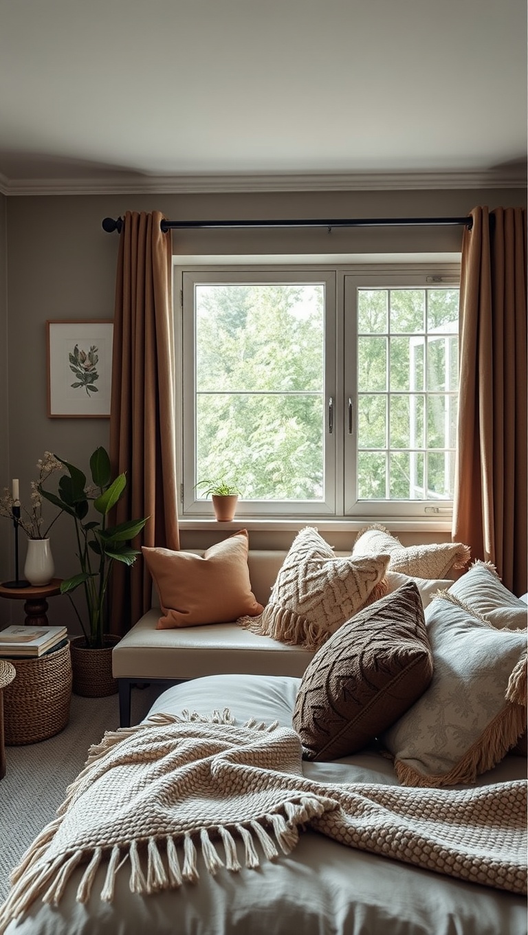 25 Cozy Bedroom Coffee Nook Ideas to Sip and Savor - 13. Cozy Pillows and Throws: Comfort is Key!