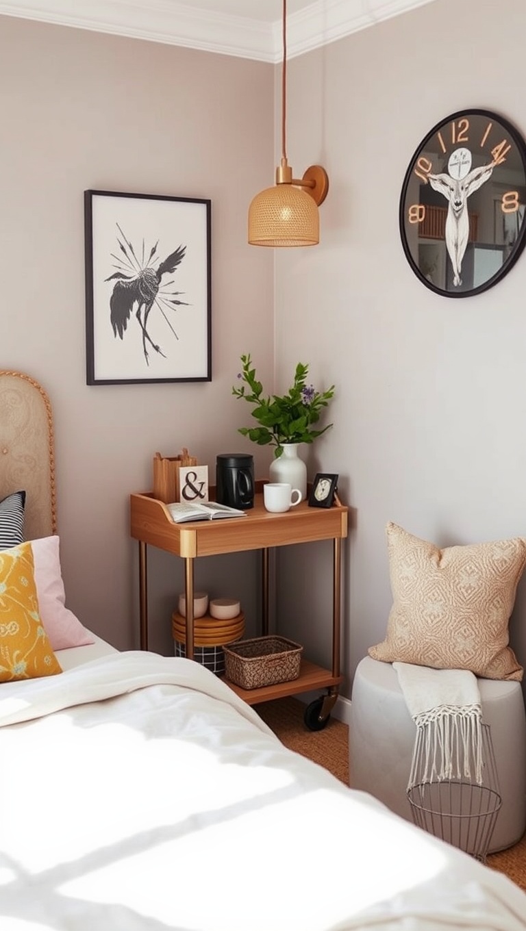 25 Cozy Bedroom Coffee Nook Ideas to Sip and Savor - 1. A Sweet Corner Cart: Roll in the Fun!