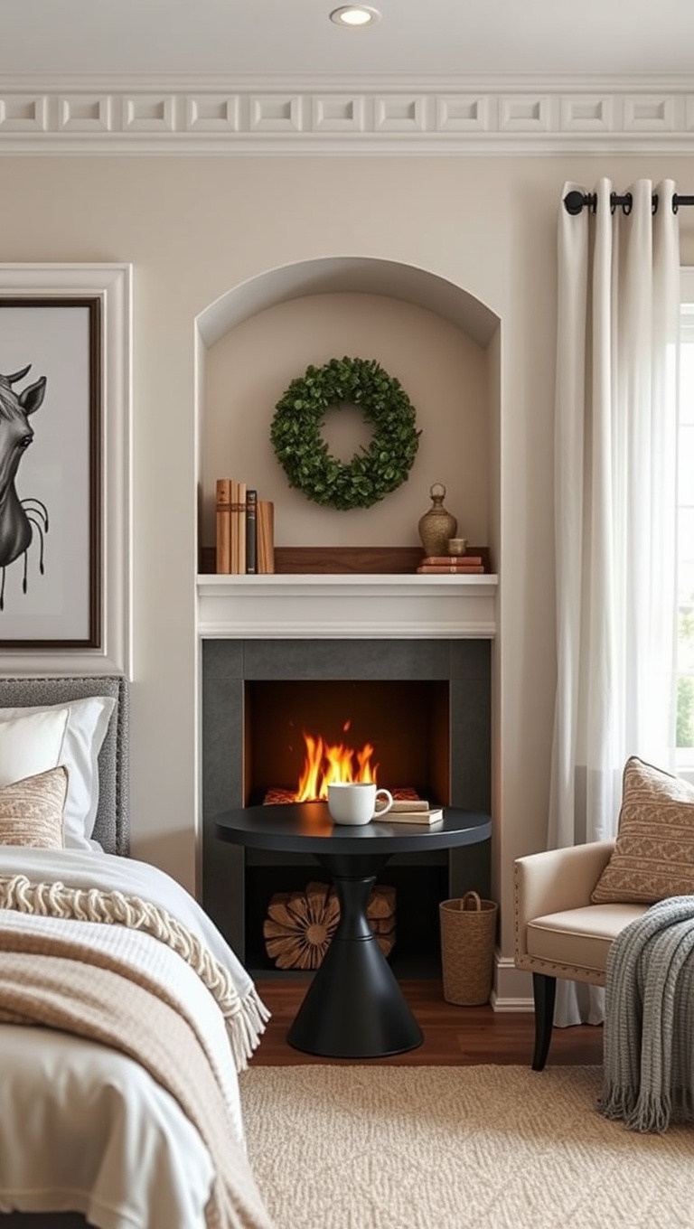 25 Cozy Bedroom Coffee Nook Ideas to Sip and Savor - 14. Faux Fireplace: Create a Warm Ambiance