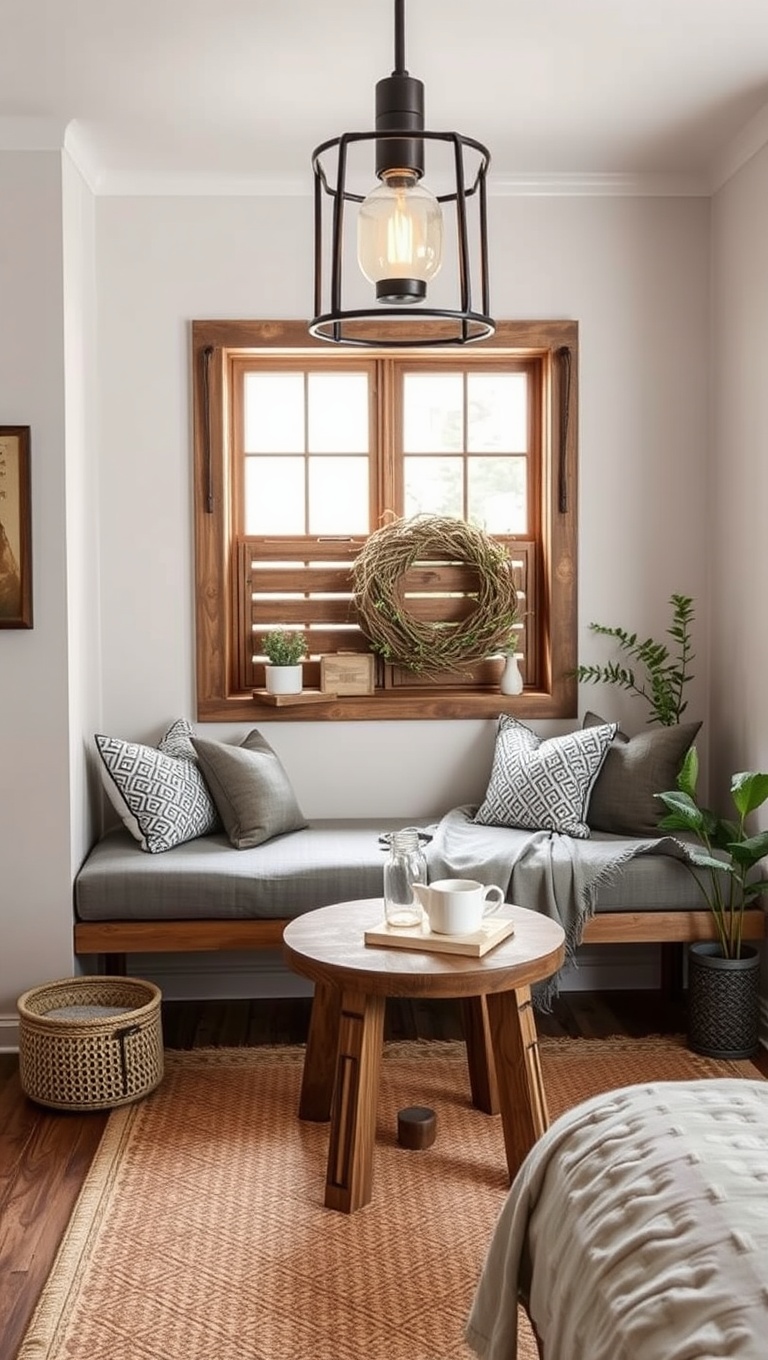 25 Cozy Bedroom Coffee Nook Ideas to Sip and Savor - 12. Rustic Charm: Use Wood and Metal for a Farmhouse Feel
