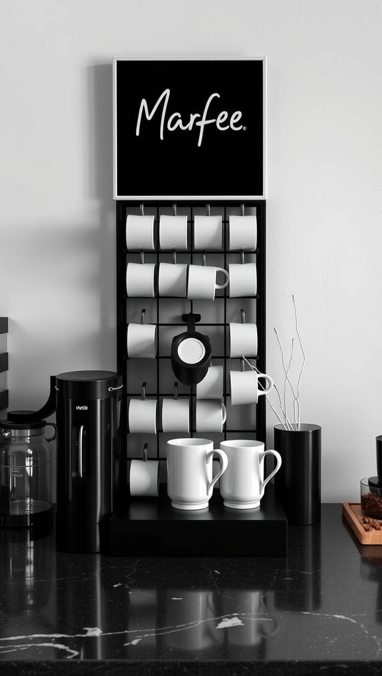 25 Stunning Ideas for Black and White Coffee Stations You’ll Love - 3. Minimalist Mug Display