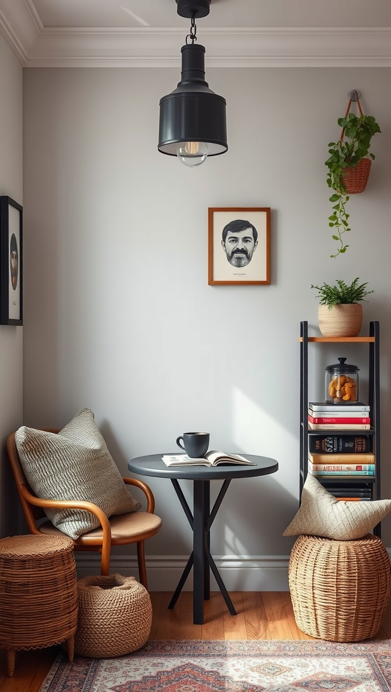 25 Bohemian Coffee Corner Accents to Inspire Your Cozy Nook - 25. A Cozy Reading Nook Next to Your Coffee Corner