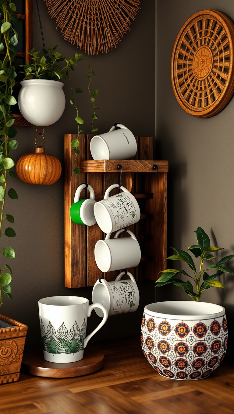 25 Bohemian Coffee Corner Accents to Inspire Your Cozy Nook - 23. A Handcrafted Wooden Coffee Mug Rack
