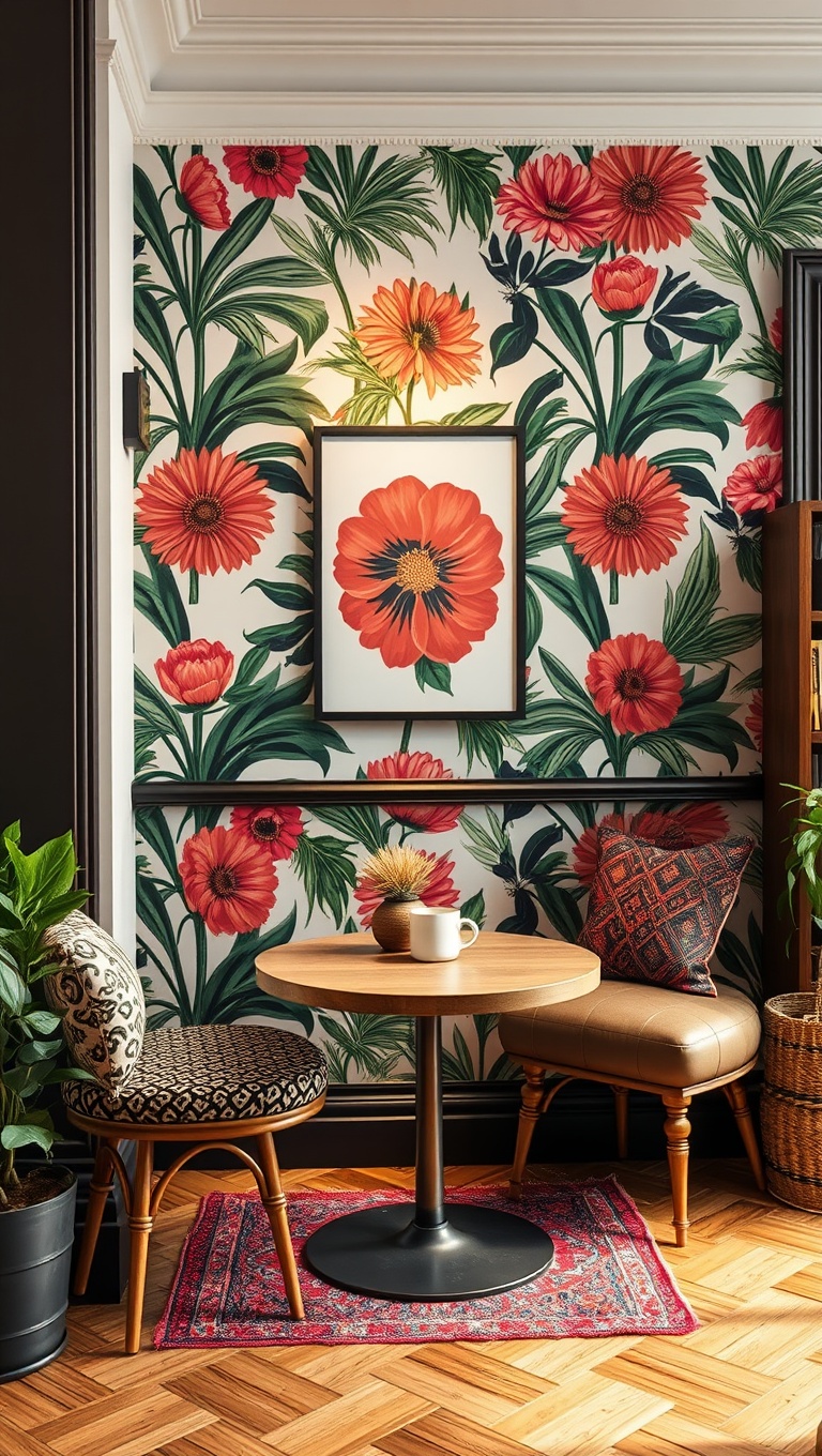 25 Bohemian Coffee Corner Accents to Inspire Your Cozy Nook - 7. Statement Wall with Bold Wallpaper