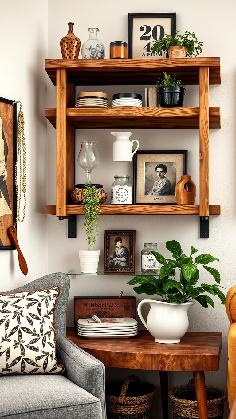 25 Bohemian Coffee Corner Accents to Inspire Your Cozy Nook - 15. Rustic Wooden Shelves for Displaying Decor