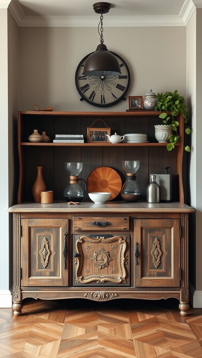 25 Bohemian Coffee Corner Accents to Inspire Your Cozy Nook - 17. A Vintage Sideboard as a Coffee Station