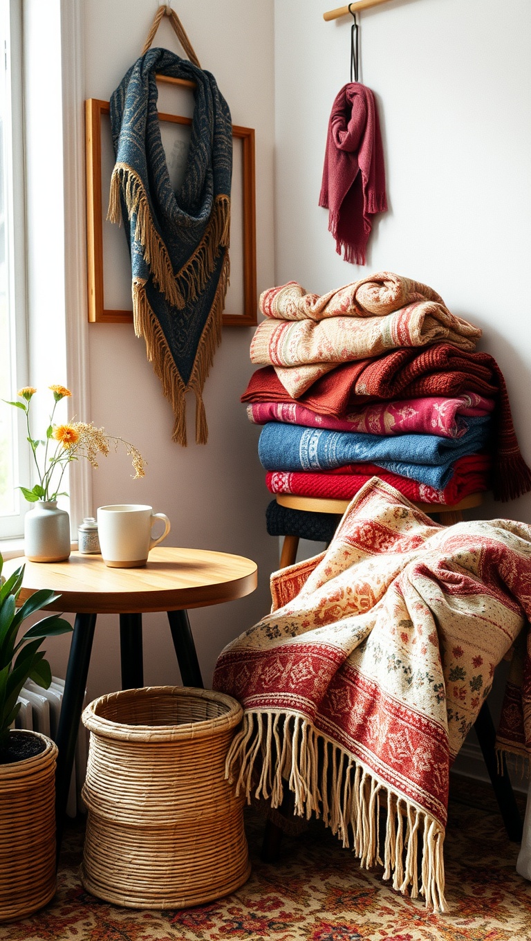 25 Bohemian Coffee Corner Accents to Inspire Your Cozy Nook - 10. Layered Textiles with Blankets and Throws