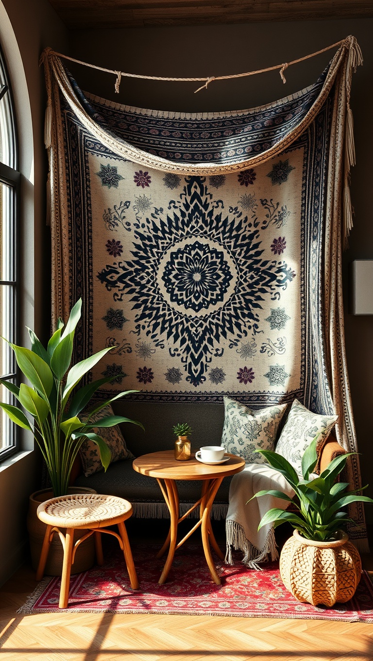 25 Bohemian Coffee Corner Accents to Inspire Your Cozy Nook - 19. Chic Canopy or Tapestry to Define the Space