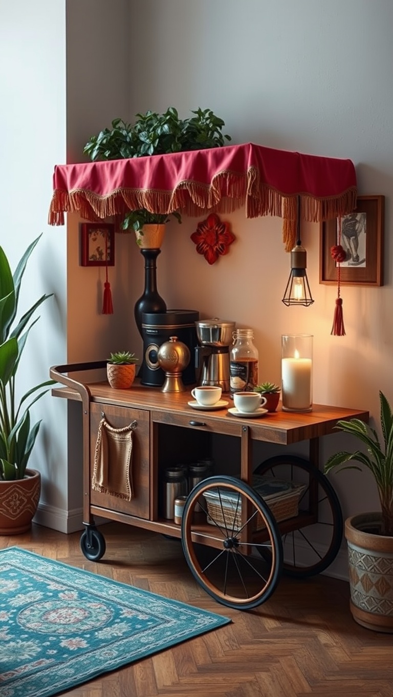 25 Bohemian Coffee Corner Accents to Inspire Your Cozy Nook - 8. A Bohemian Coffee Cart on Wheels