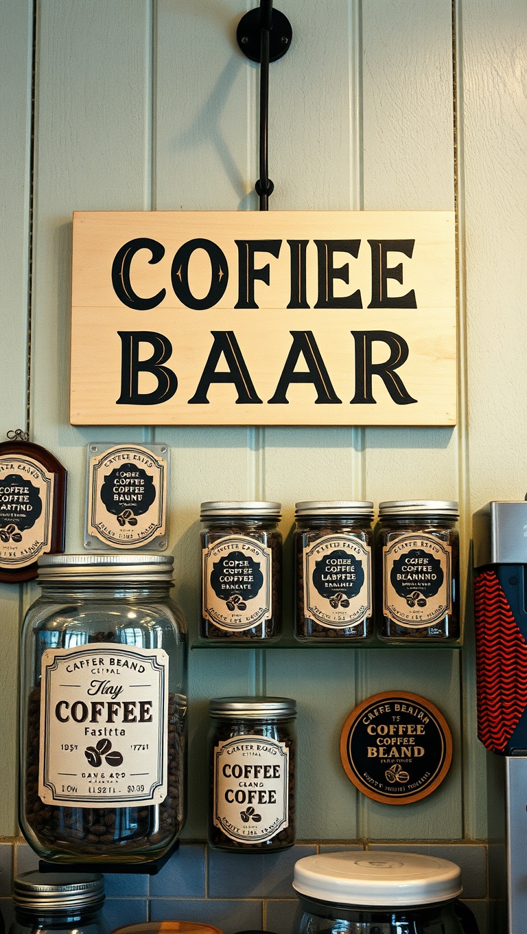 25 Charming Coffee Bar Signage Ideas to Brew Up Your Space - 12. Coffee Bean Jar Labels