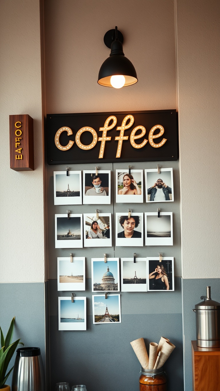25 Charming Coffee Bar Signage Ideas to Brew Up Your Space - 18. Polaroid Photo Wall Signage