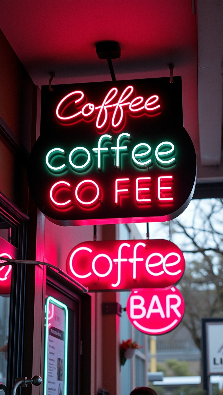 25 Charming Coffee Bar Signage Ideas to Brew Up Your Space - 6. Neon Lights for a Modern Twist
