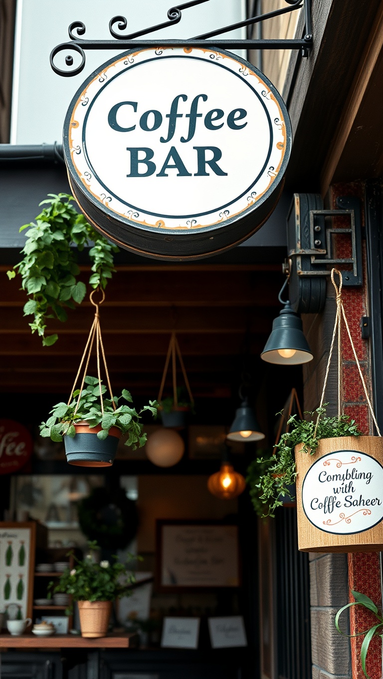 25 Charming Coffee Bar Signage Ideas to Brew Up Your Space - 24. Hanging Herb Potted Signs