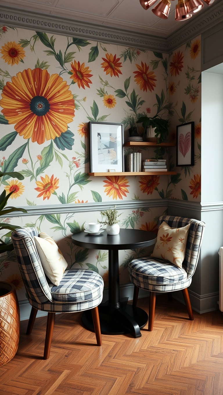 25 Eclectic Coffee Nook Styling Ideas to Sip and Savor - 3. Bold wallpaper to make a statement
