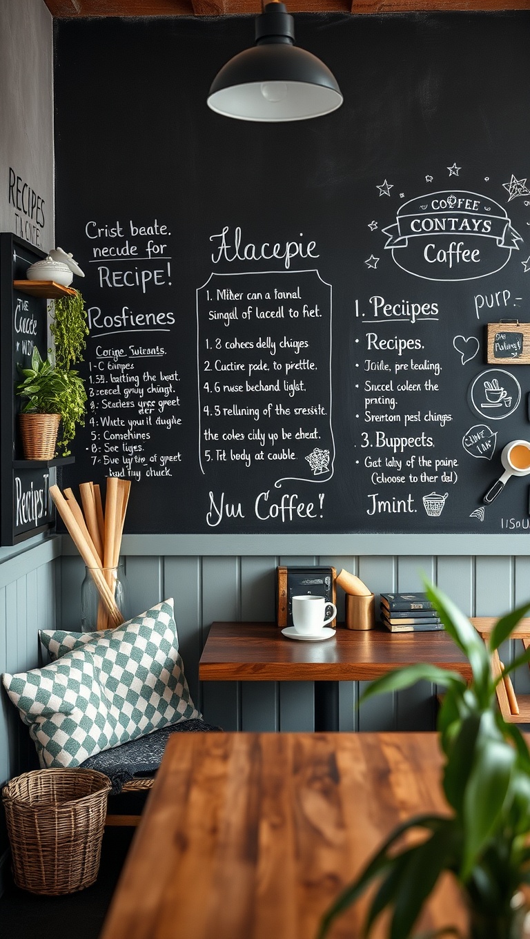 25 Eclectic Coffee Nook Styling Ideas to Sip and Savor - 13. Chalkboard Wall for Recipes and Quotes