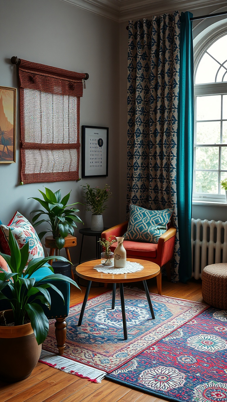 25 Eclectic Coffee Nook Styling Ideas to Sip and Savor - 17. Play with Pattern: Rugs and Curtains