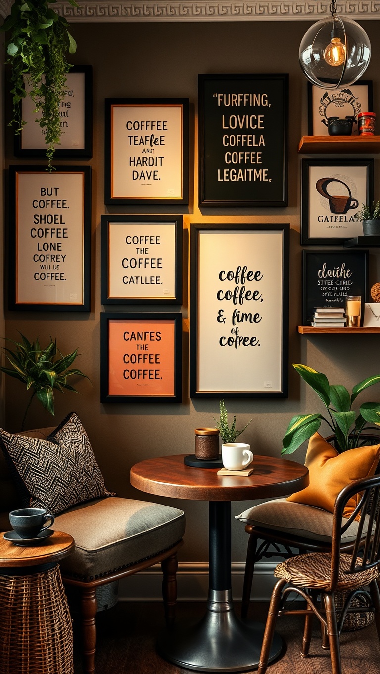 25 Eclectic Coffee Nook Styling Ideas to Sip and Savor - 18. Inspirational Coffee Quotes in Frames