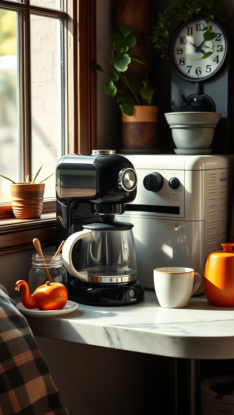 25 Eclectic Coffee Nook Styling Ideas to Sip and Savor - 22. A Funky Coffee Maker as a Statement Piece