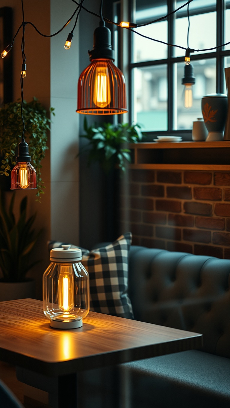 25 Eclectic Coffee Nook Styling Ideas to Sip and Savor - 10. Creative Lighting: String Lights and Lamps