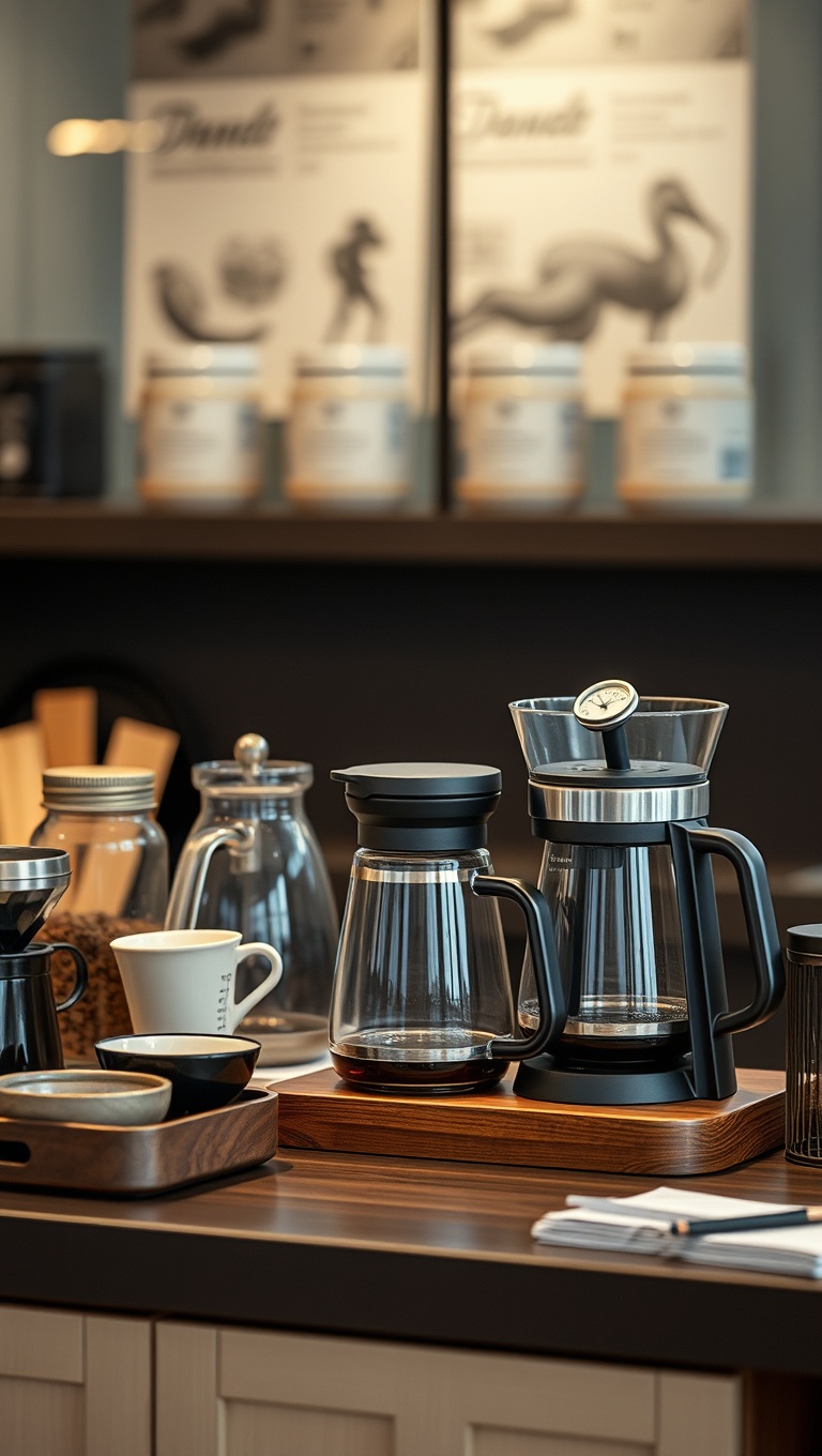 25 Chic Ideas for Your Dream Coffee Station Setup - 15. Mixed Materials: Wood, Metal, and Glass