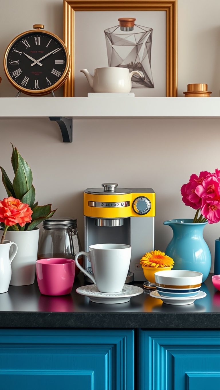 25 Chic Ideas for Your Dream Coffee Station Setup - 7. Color Pop: Bright and Bold Accessories