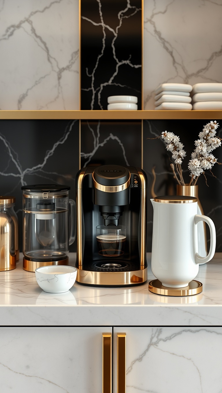 25 Chic Ideas for Your Dream Coffee Station Setup - 10. Luxe Materials: Marble and Gold Textures
