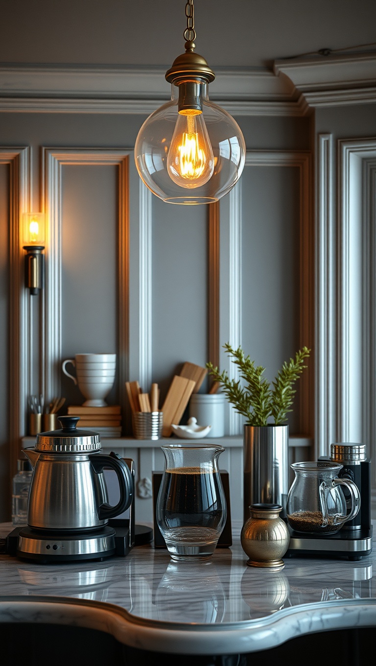 25 Chic Ideas for Your Dream Coffee Station Setup - 16. Elegant Lighting: A Stunning Pendant or Fairy Lights