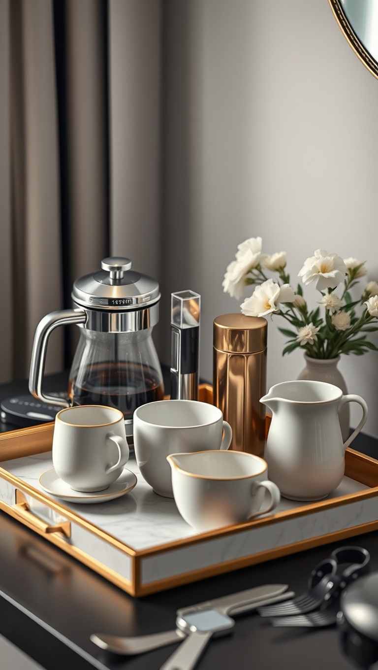 25 Chic Ideas for Your Dream Coffee Station Setup - 20. Stylish Tray: Organize with Elegance