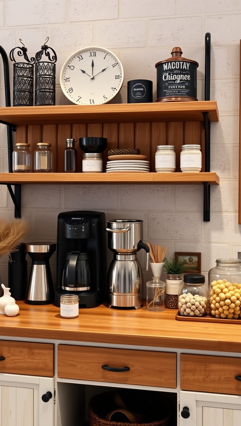25 Chic Ideas for Your Dream Coffee Station Setup - 1. Rustic Farmhouse Charm: Wooden Shelves and Metal Accents