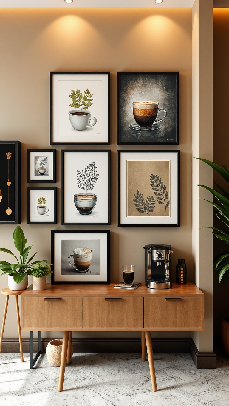 25 Chic Ideas for Crafting Your Perfect Espresso Corner - 9. Artful Display: Hang a Gallery of Coffee-Inspired Art