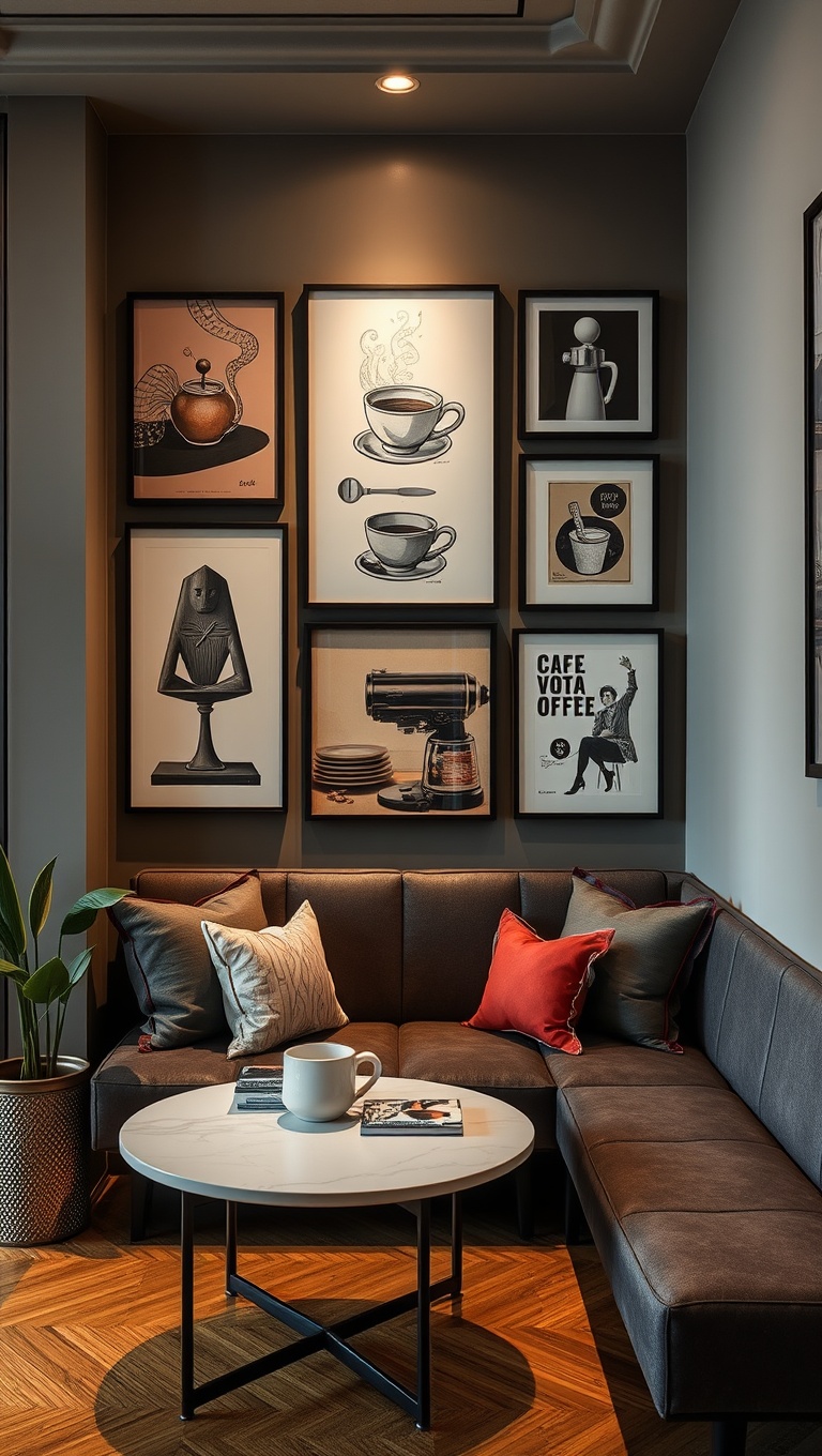 25 Stunning Ideas for Your Luxurious Coffee Nook - 10. An Artistic Gallery Wall Featuring Coffee Art