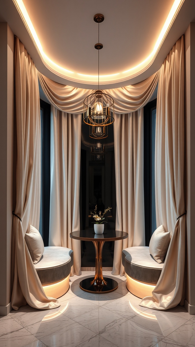 25 Stunning Ideas for Your Luxurious Coffee Nook - 9. Luxurious Satin Curtains for a Soft, Elegant Feel