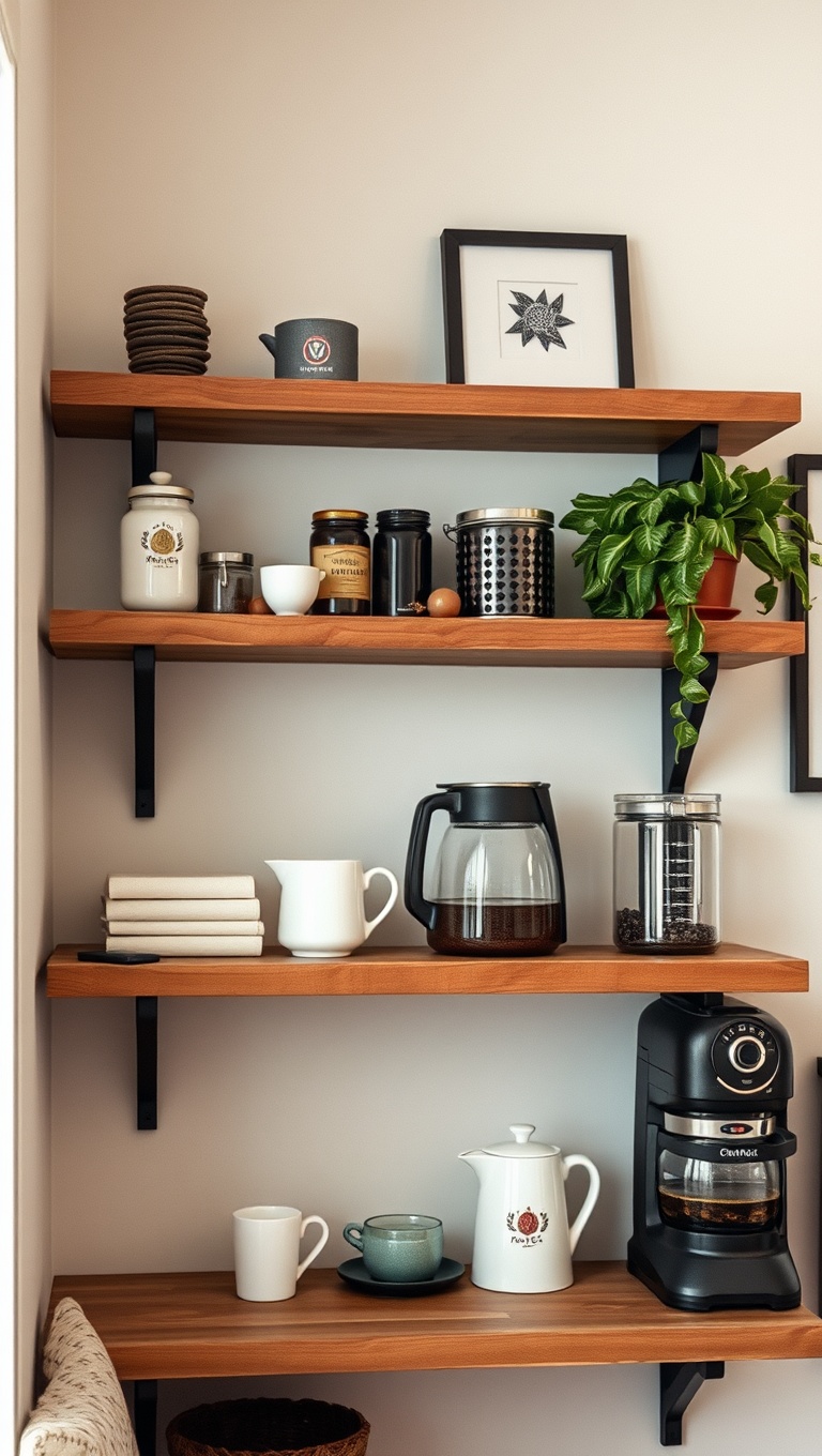 25 Cozy and Creative Ideas for Your Personalized Coffee Nook - 8. Rustic Shelving: Showcase Your Coffee Collection