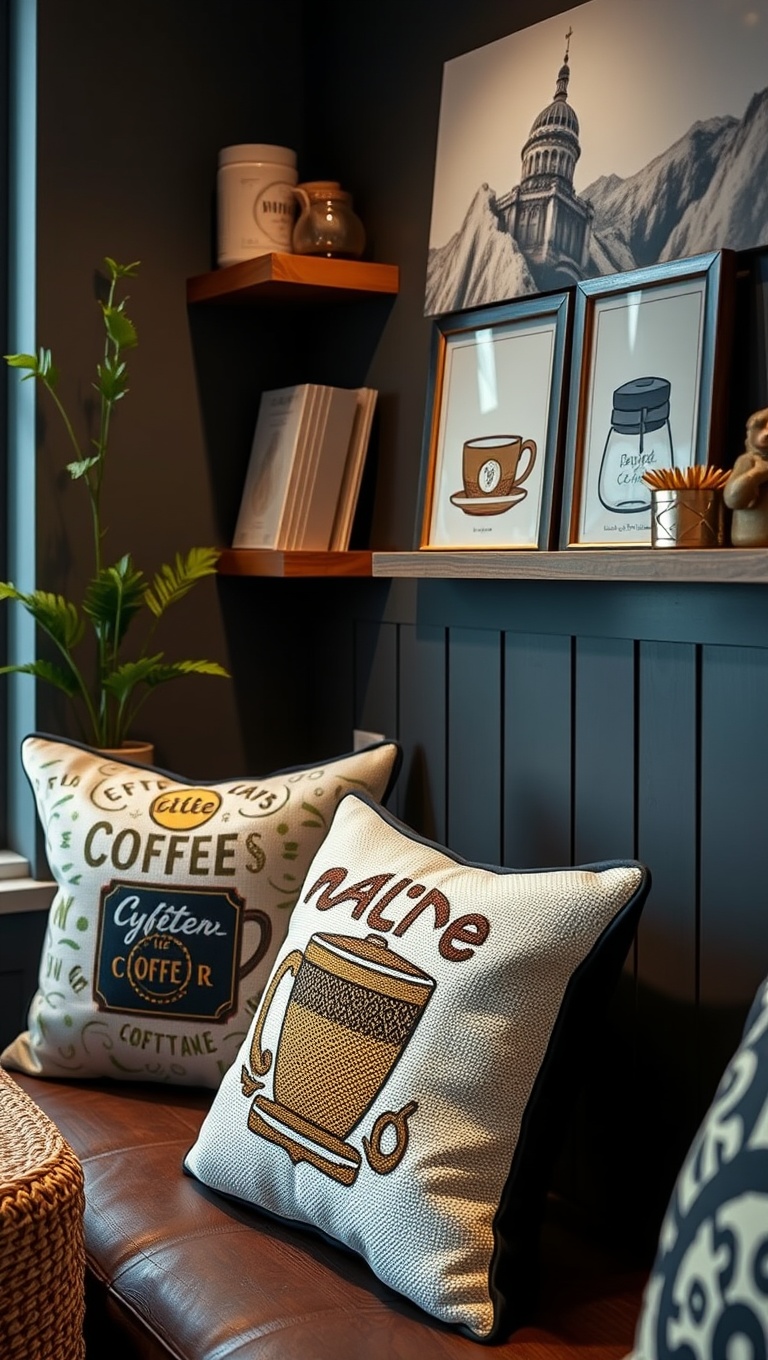25 Cozy and Creative Ideas for Your Personalized Coffee Nook - 19. Fun Coffee-themed Pillows: Add a Pop of Personality