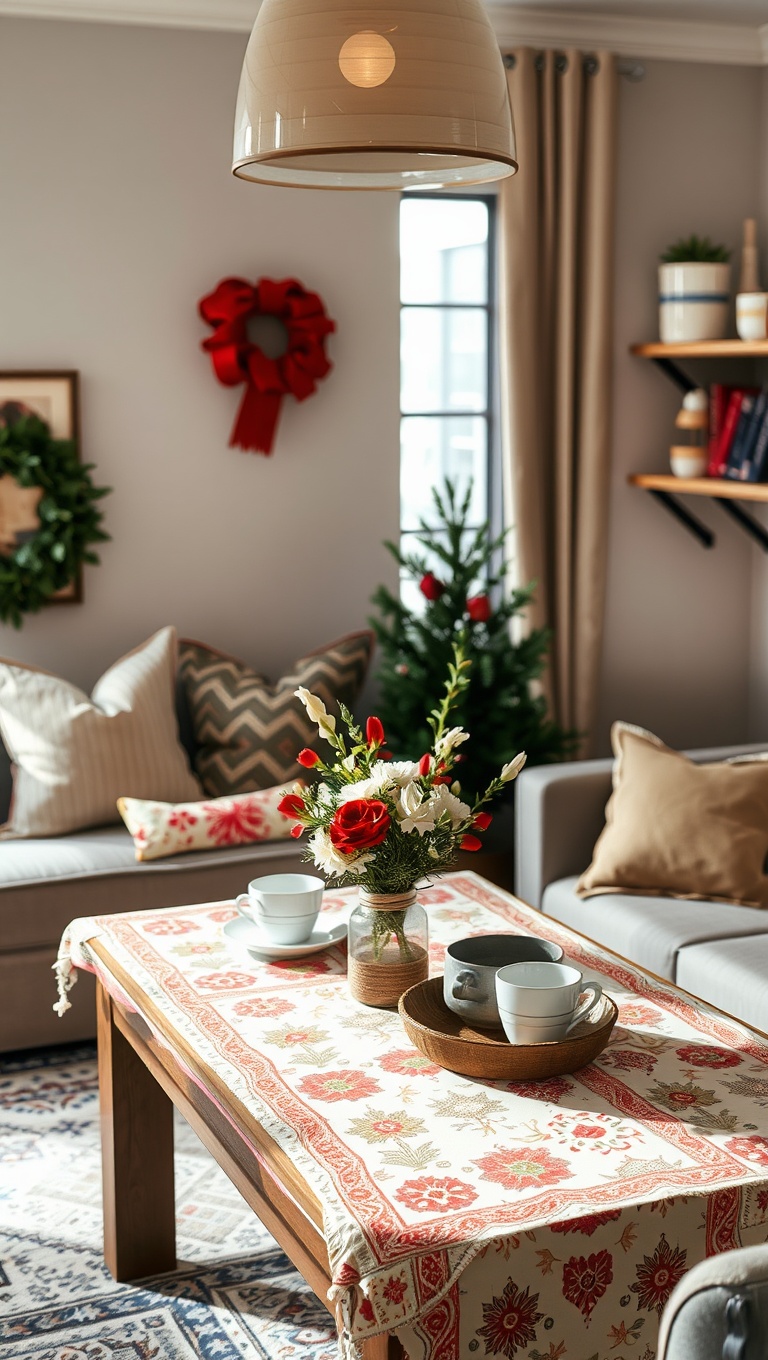 25 Cozy and Creative Ideas for Your Personalized Coffee Nook - 14. Festive Tablecloths: Brighten Up Your Coffee Table