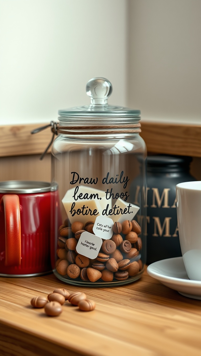 25 Cozy and Creative Ideas for Your Personalized Coffee Nook - 17. Inspirational Quotes Jar: Draw Daily Positivity